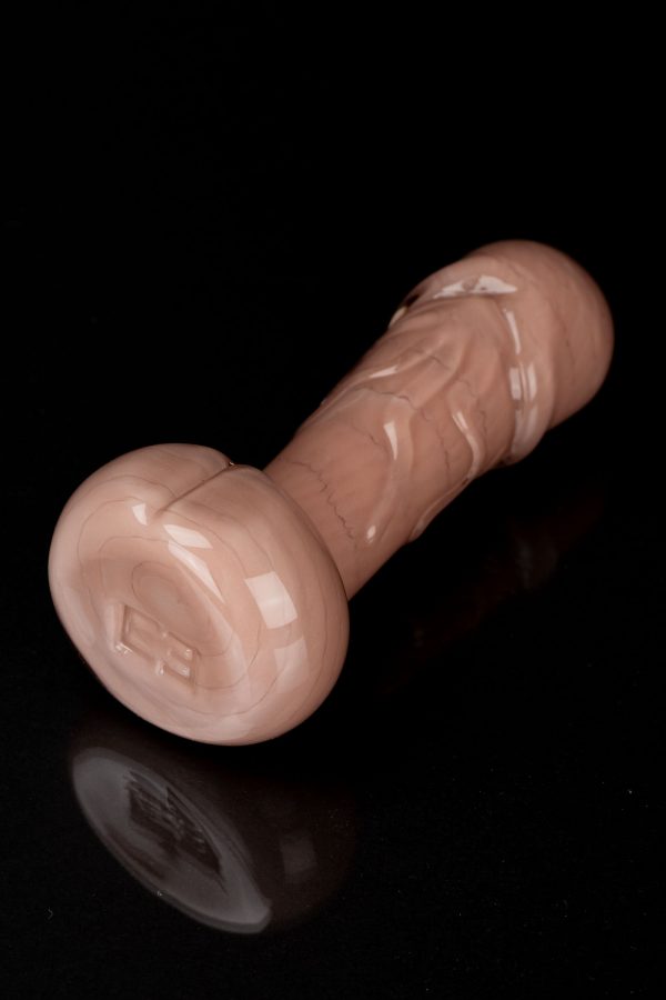Ceramic cannabis water pipe with a dumbbell shape and glossy peach glaze.