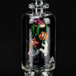 A clear glass bubbler with colorful sculpted glass figures of koi fish and floral elements inside, reflected on a glossy black surface.