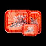 A top-down view of the Cheech & Chong Red Rolling Tray - 40th Anniversary, showcasing its vibrant red color and commemorative design.