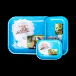 A top-down view of the Cheech & Chong 40th Anniversary Rolling Tray in blue, featuring a colorful illustrated design.