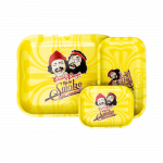 Overhead view of the Cheech & Chong 40th Anniversary Yellow Rolling Tray, displaying a vibrant yellow surface with branded artwork.