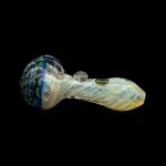 Hand-blown glass pipe with iridescent swirls and textured bowl.