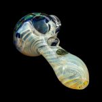 Glass cannabis pipe with swirling blue and cream patterns.