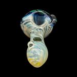 Hand-blown glass pipe with swirling blue and cream colors.