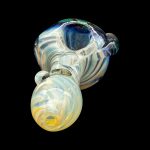 Hand-blown glass pipe with swirling blue, white, and yellow patterns.
