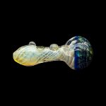 Hand-blown glass pipe with iridescent swirls and blue accents, isolated on a black background.
