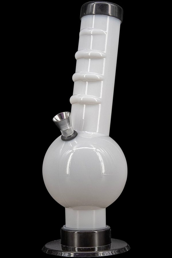 White acrylic water pipe (bong) with a flared base and metal accents.