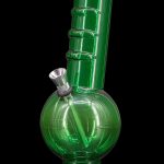 Green glass water pipe (bong) with a flared base and metal downstem.