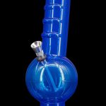 Blue glass water pipe (bong) with a spherical base and cylindrical neck.