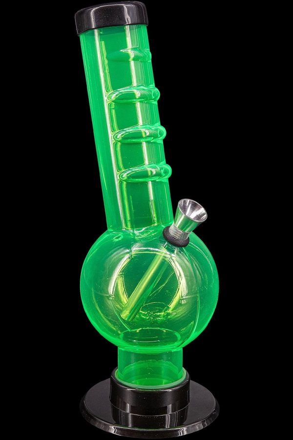 Green glass water pipe (bong) with a black base and mouthpiece.