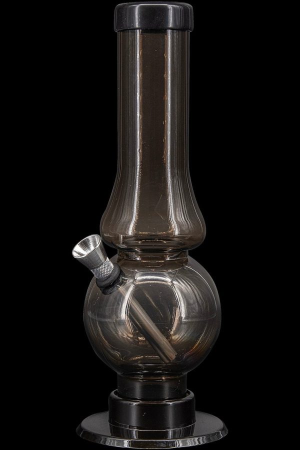 Smoked glass water pipe (bong) with a wide base and narrow neck.