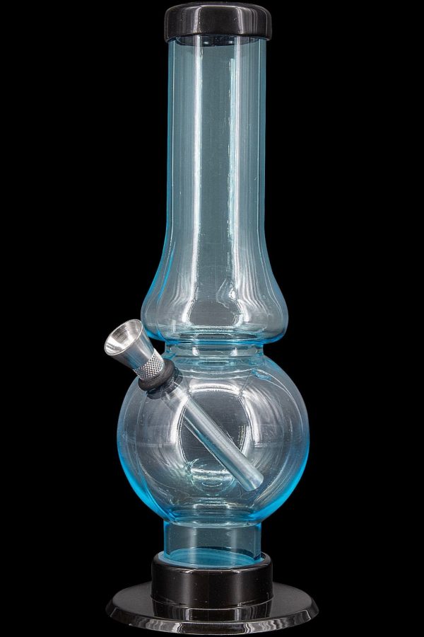 Blue glass water pipe (bong) with a black base.