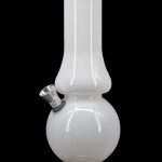White glass water pipe (bong) with a flared base and metal mouthpiece.