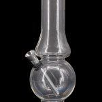 Clear glass water pipe (bong) with a downstem and base, isolated on a black background.
