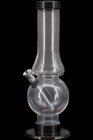 Clear glass water pipe (bong) with a downstem and base, isolated on a black background.