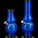 Two blue acrylic bubblers with black bases and mouthpieces, studio shot on a black background.