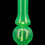 Glowing green glass water pipe, also known as a bubbler, on a black base.