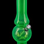 Green glass water pipe with a black base and bowl.