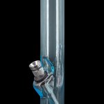 Blue glass water pipe with metal downstem and base, isolated on black.