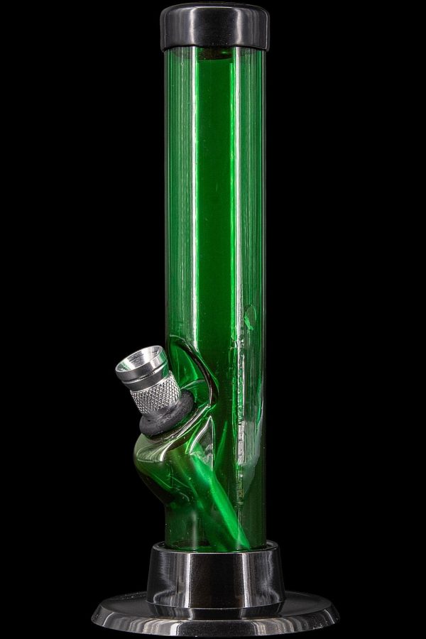 Green glass water pipe with metal accents.
