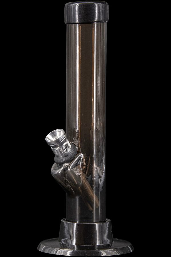 Black glass water pipe with metallic accents, studio shot.