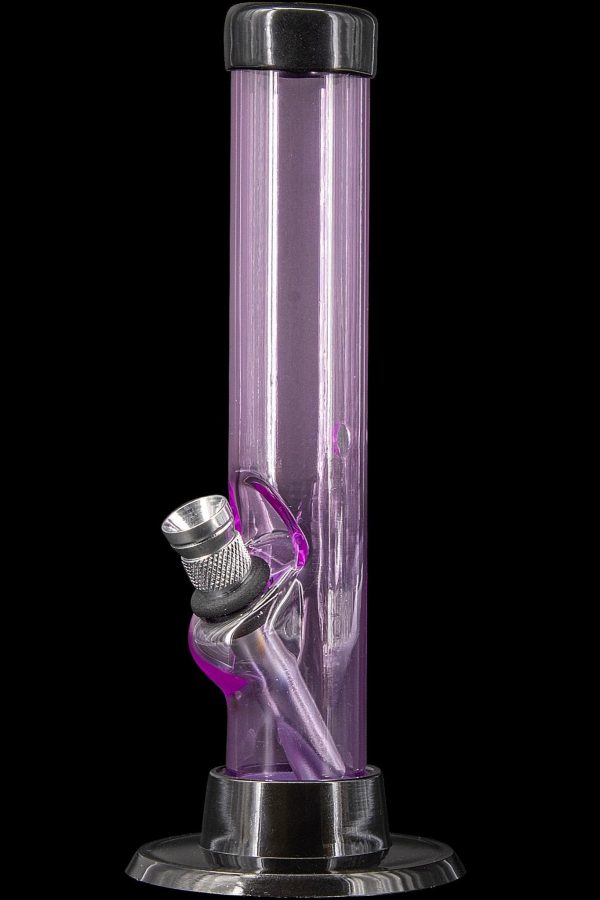 Purple glass water pipe with metallic accents on a black background.