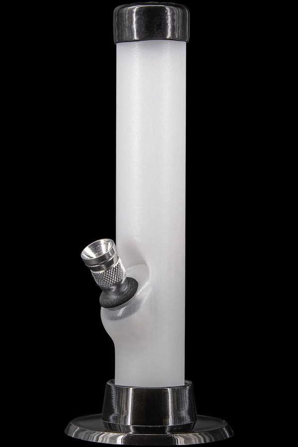Frosted glass water pipe with black accents on a reflective base.