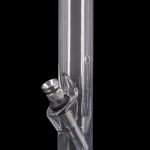 Clear glass water pipe (bong) with a flared base, isolated on a black background.