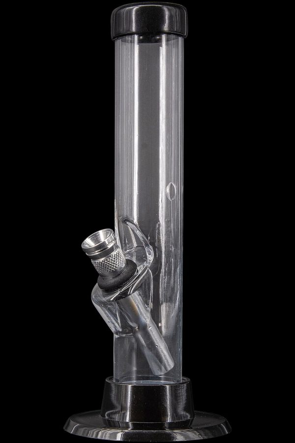 Clear glass water pipe (bong) with a flared base, isolated on a black background.
