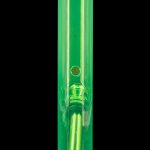 Green glass water pipe with black accents and etched logo.