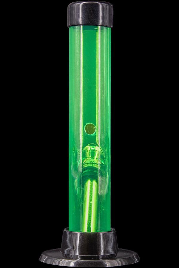 Green glass water pipe with black accents and etched logo.