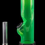 Green glass water pipe (bong) with a metal downstem, studio shot.