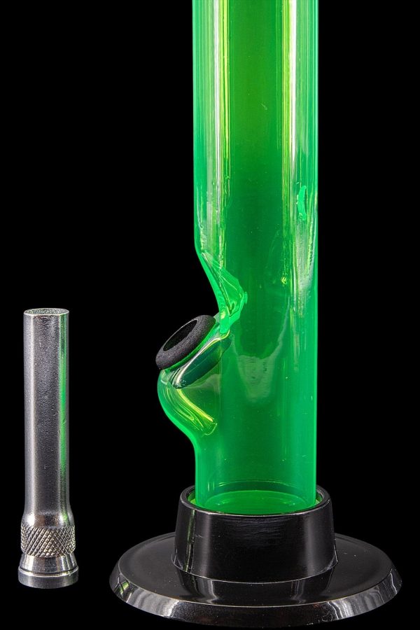 Green glass water pipe (bong) with a metal downstem, studio shot.