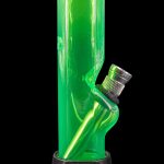 Green glass water pipe with black accents, studio shot.