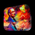 Salvador Dalí-inspired rolling tray featuring melting clocks and a portrait of the artist, with vibrant psychedelic colors.