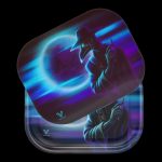 Two stacked rolling trays featuring a dark, stylized illustration of a figure in a plague doctor mask with vibrant blue and purple nebula-like swirls.