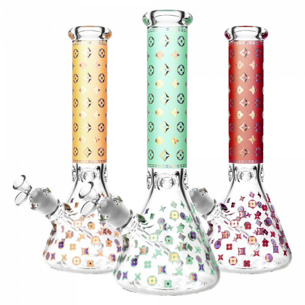 Front view of the Designer Floral Diamond Print Bong, a clear glass beaker with a colorful floral pattern and a wide base.