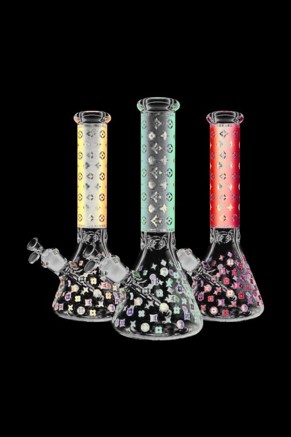 Front view of the Designer Floral Diamond Print Bong, showcasing a patterned glass piece against a dark backdrop.