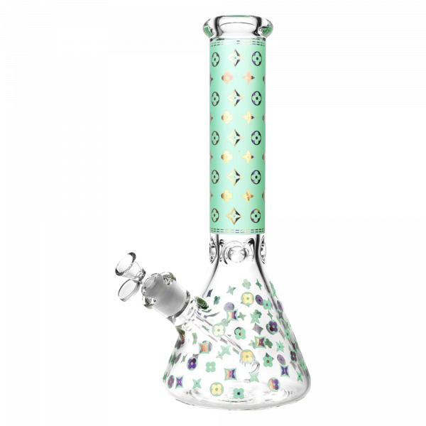 Front view of the Designer Floral Diamond Print Bong, a clear glass beaker with a colorful floral diamond pattern wrapping the neck.