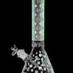 Front view of the Designer Floral Diamond Print Bong, showcasing a clear glass beaker with a delicate floral diamond pattern.
