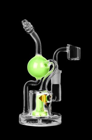 A studio shot of the Diamond Glass Buoy Recycler Rig, showing the clear glass recycler with a rounded base and angled mouthpiece.