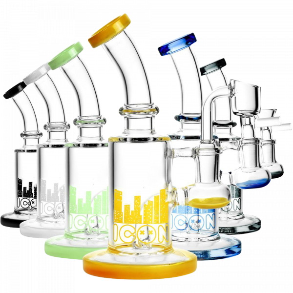 A front view of the Diamond Glass 'Hobbit' Dab Rig, displaying a clear glass build with a circular base and a curved neck.