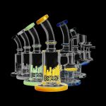 A studio shot of the Diamond Glass 'Hobbit' Dab Rig, showcasing its clear glass construction and compact size from a slightly elevated angle.