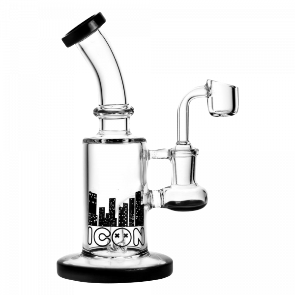 A three-quarter view of the Diamond Glass 'Hobbit' Dab Rig, featuring a clear glass body and angled joint.