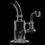 A three-quarter view of the Diamond Glass 'Hobbit' Dab Rig, featuring a clear glass construction and a curved neck for dabbing.