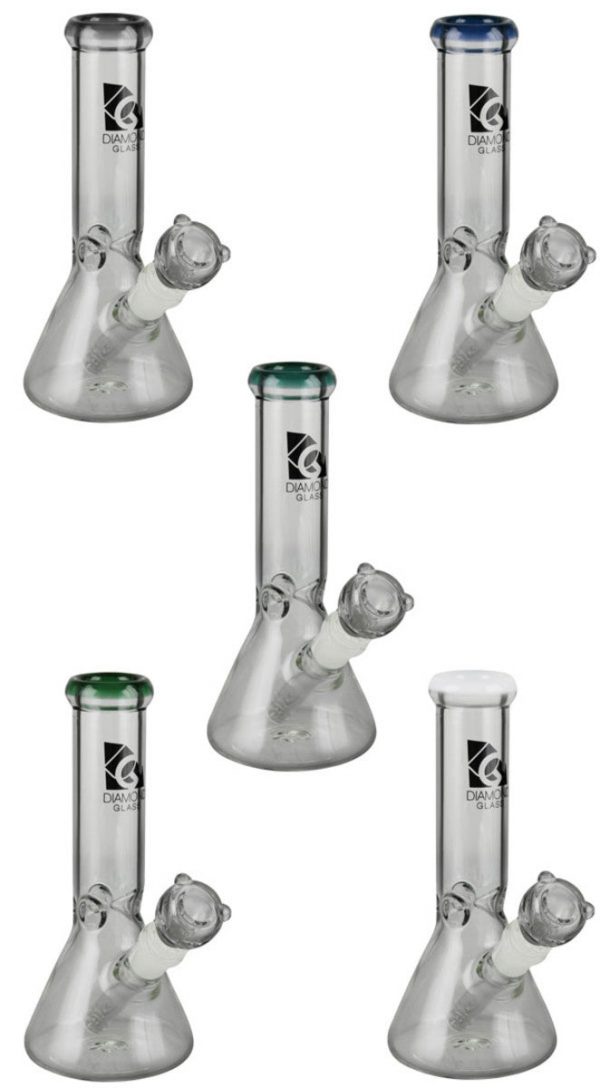 A front view of the Diamond Glass 8" Classic Beaker Bong, showing its clear glass construction and simple beaker shape.