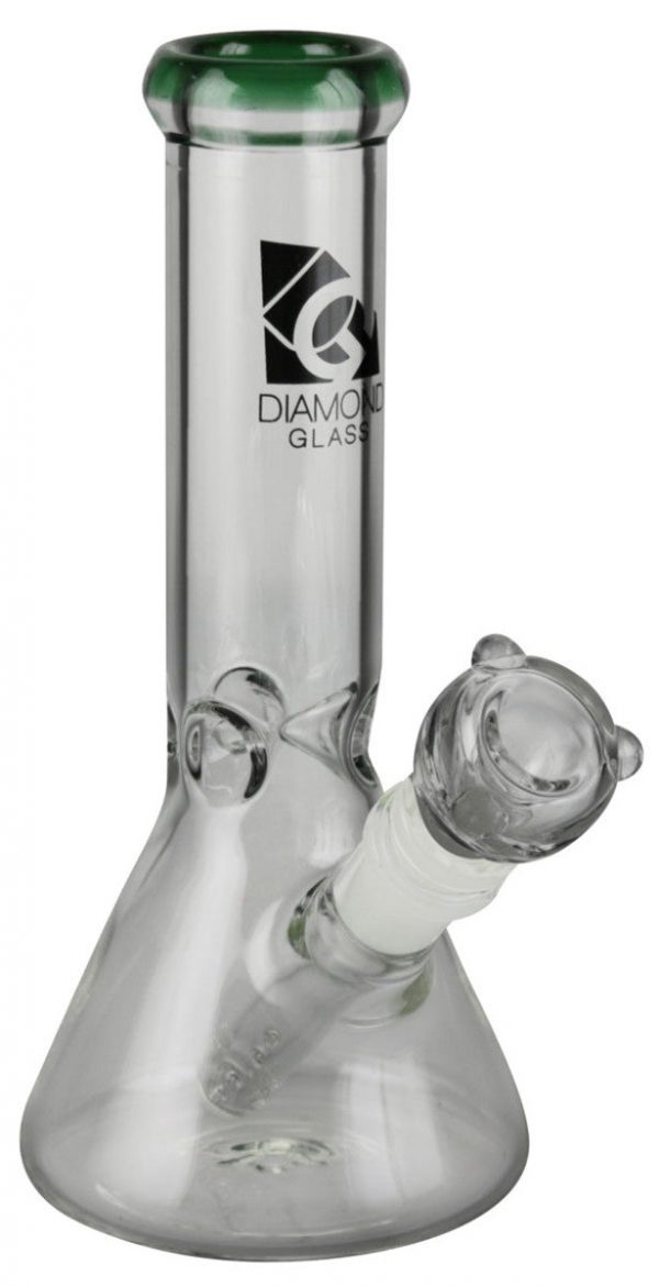 A studio shot of the Diamond Glass 8" Classic Beaker Bong, showcasing the clear glass construction in a front view.