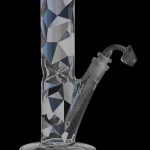 Front view of the Famous Brandz "Digital" Straight Tube Dab Rig, featuring a clear glass tube with a geometric pattern.