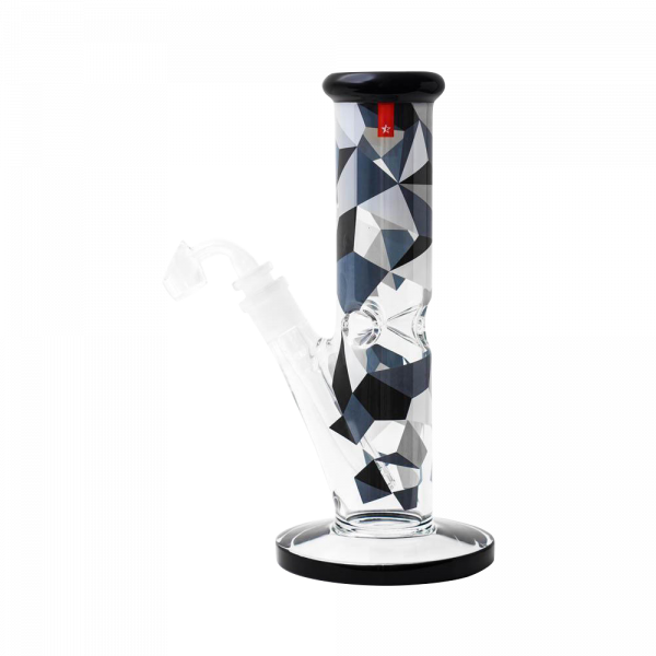 Front view of the Famous Brandz "Digital" Straight Tube Dab Rig, featuring a clear glass tube with a geometric pattern and a flat base.