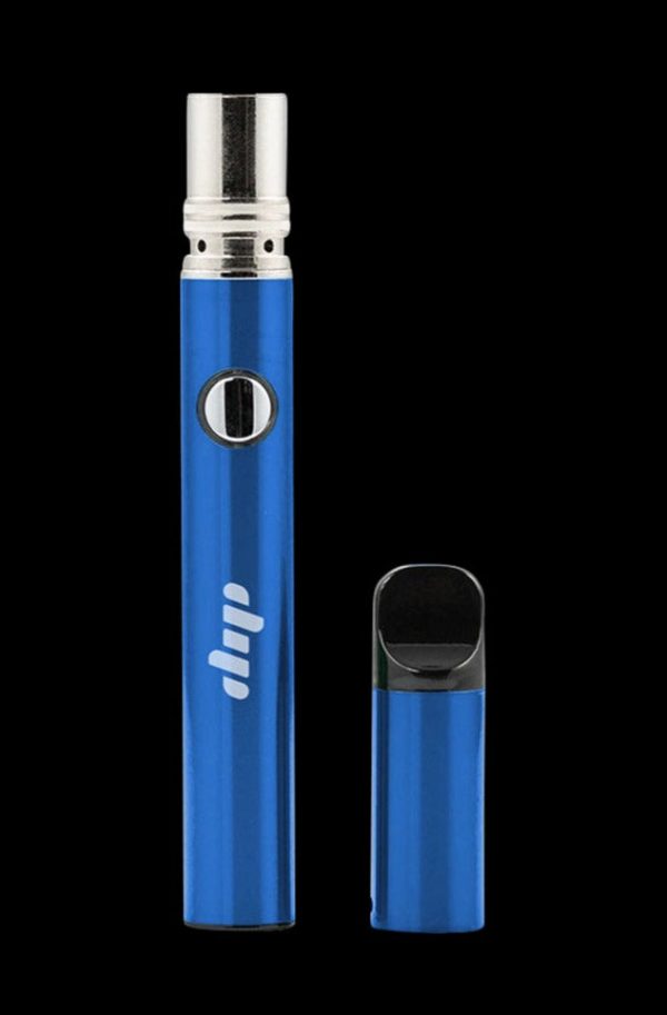 Front view of the Dip Devices Lunar Wax Vaporizer, a silver metallic pen-shaped device against a black background.